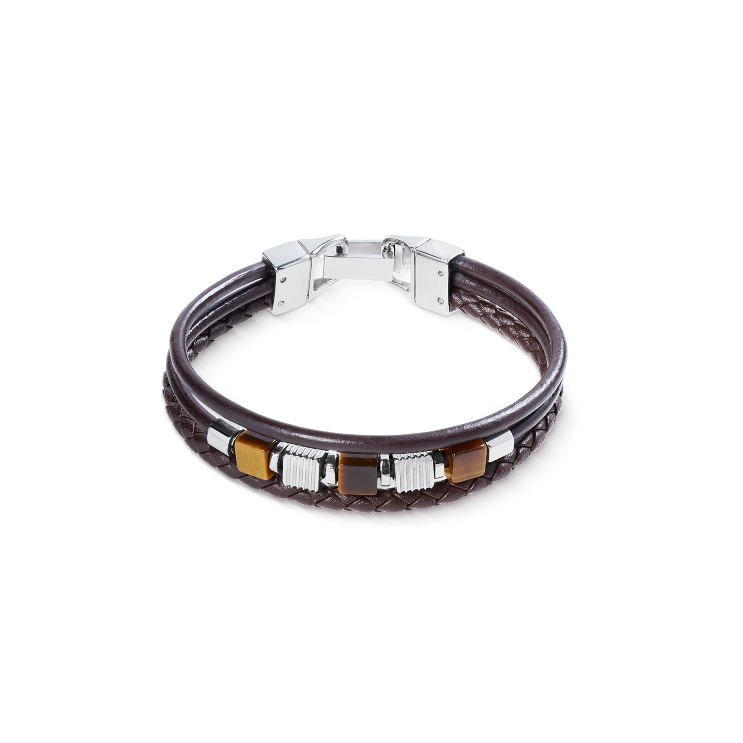 Armband Leder Braun 3-reihig mit Tigerauge und Graphic Relief Edelstahl Cubes von COEUR DE LION
