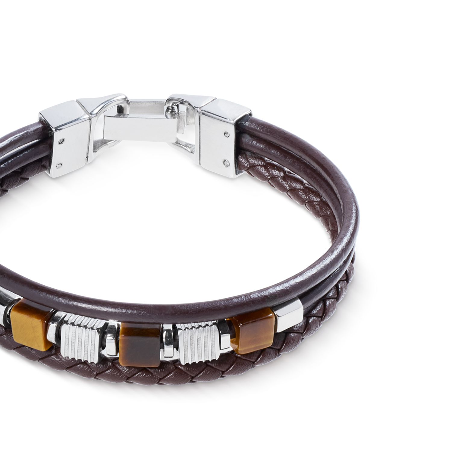 Armband Leder Braun 3-reihig mit Tigerauge und Graphic Relief Edelstahl Cubes von COEUR DE LION – Detailaufnahme