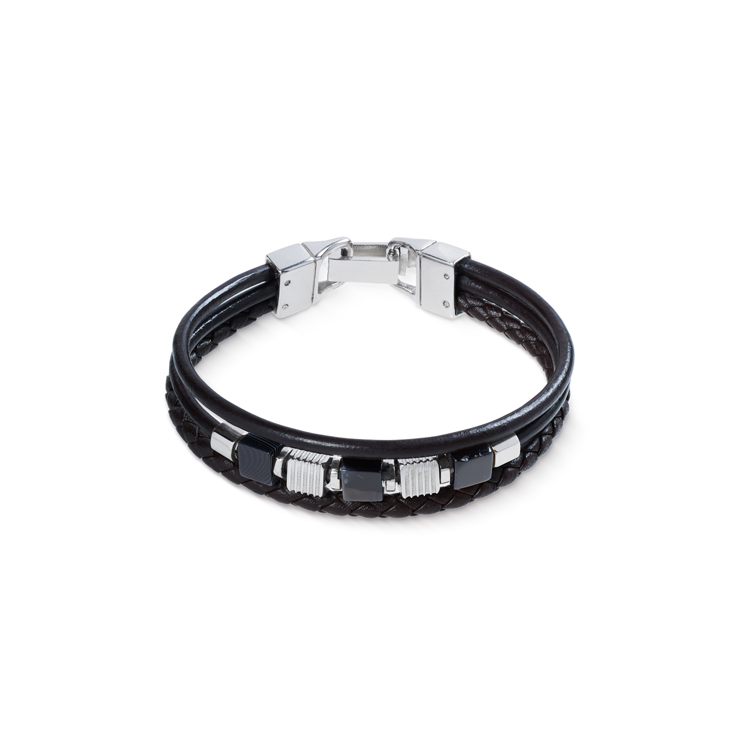 Armband Leder Schwarz 3-reihig mit Streifen-Onyx und Graphic Relief Edelstahl Cubes von COEUR DE LION