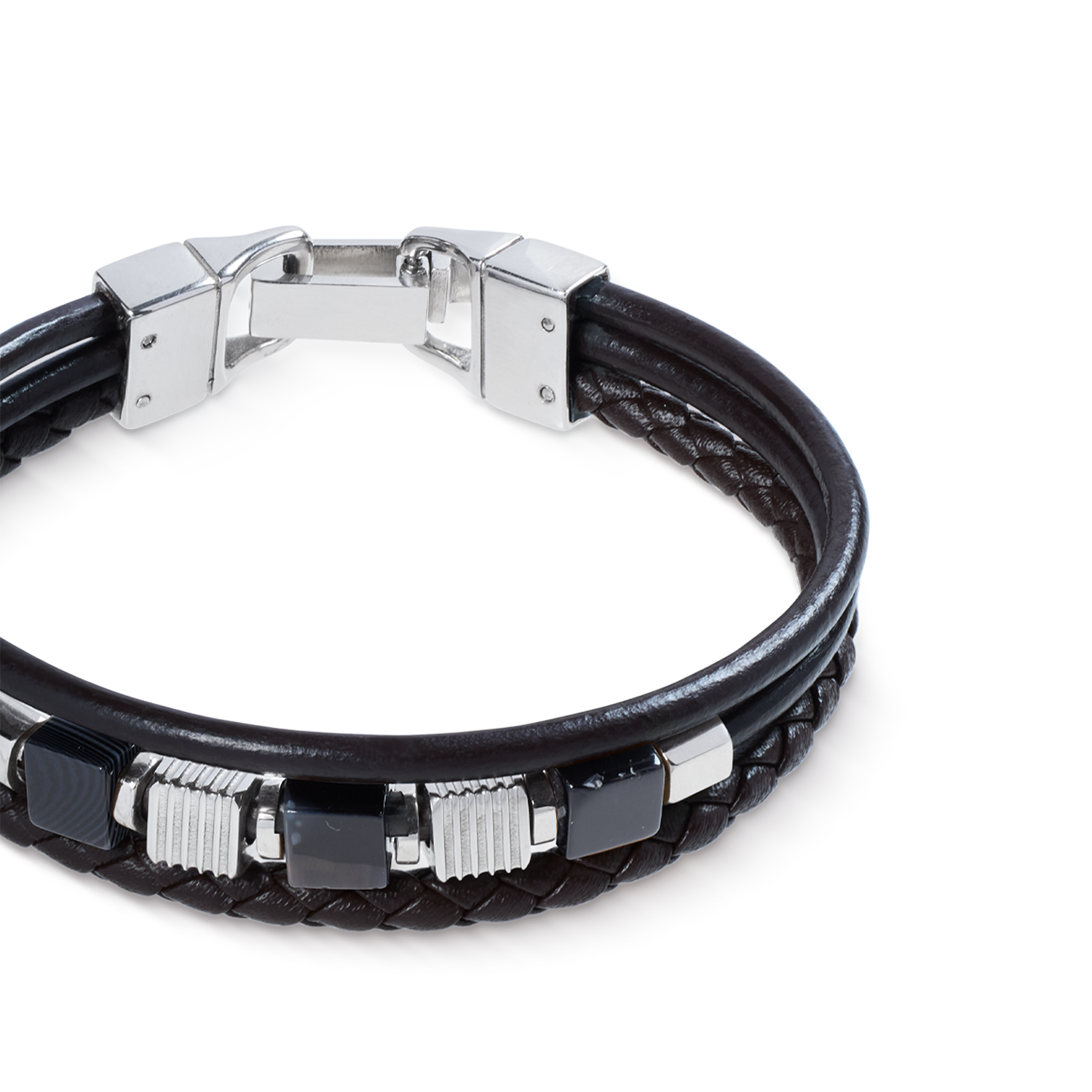 Armband Leder Schwarz 3-reihig mit Streifen-Onyx und Graphic Relief Edelstahl Cubes von COEUR DE LION – Detailaufnahme