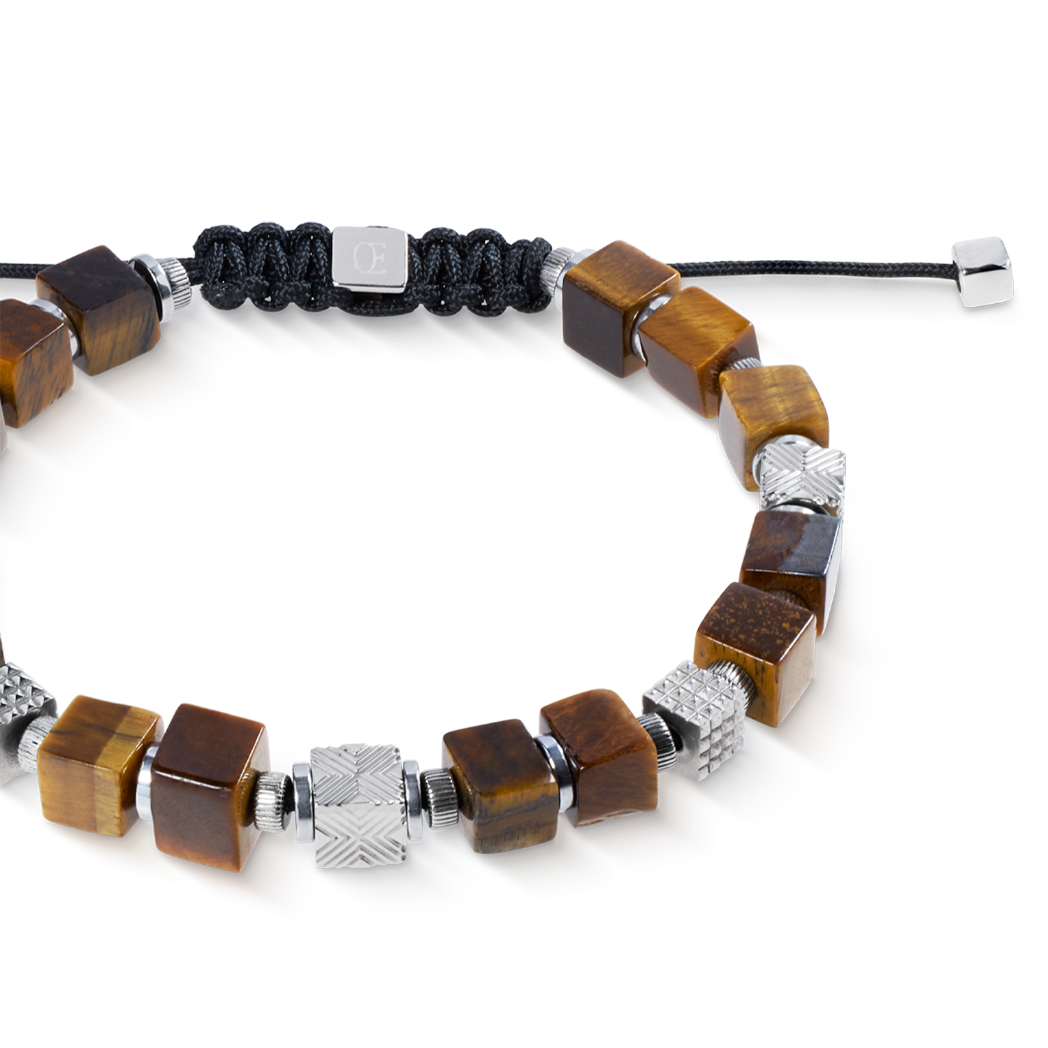 Armband Cubes Tigerauge und Graphic Relief Edelstahl mit textilem Schiebeverschluss von COEUR DE LION – Detailaufnahme