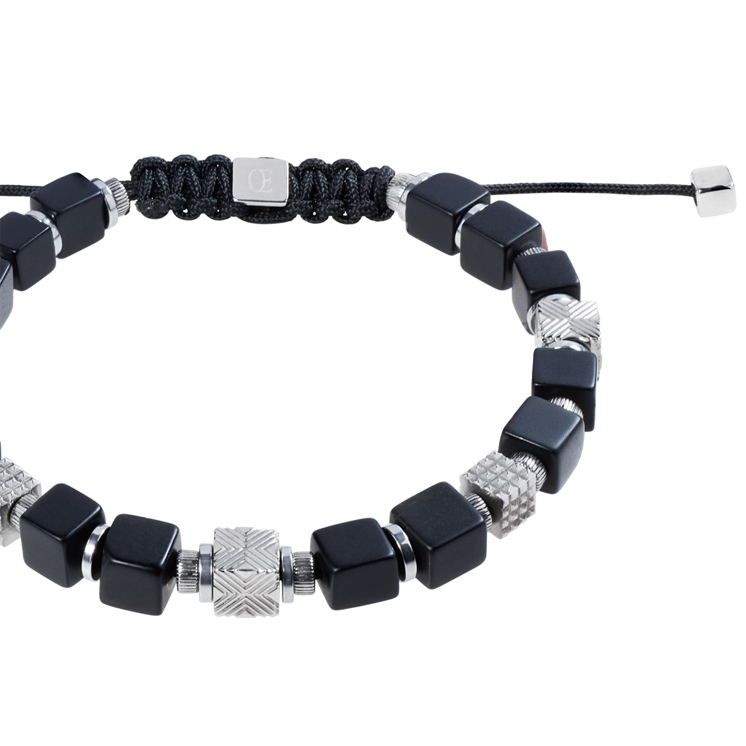 Armband Cubes Onyx und Graphic Relief Edelstahl mit textilem Schiebeverschluss von COEUR DE LION – Detailaufnahme