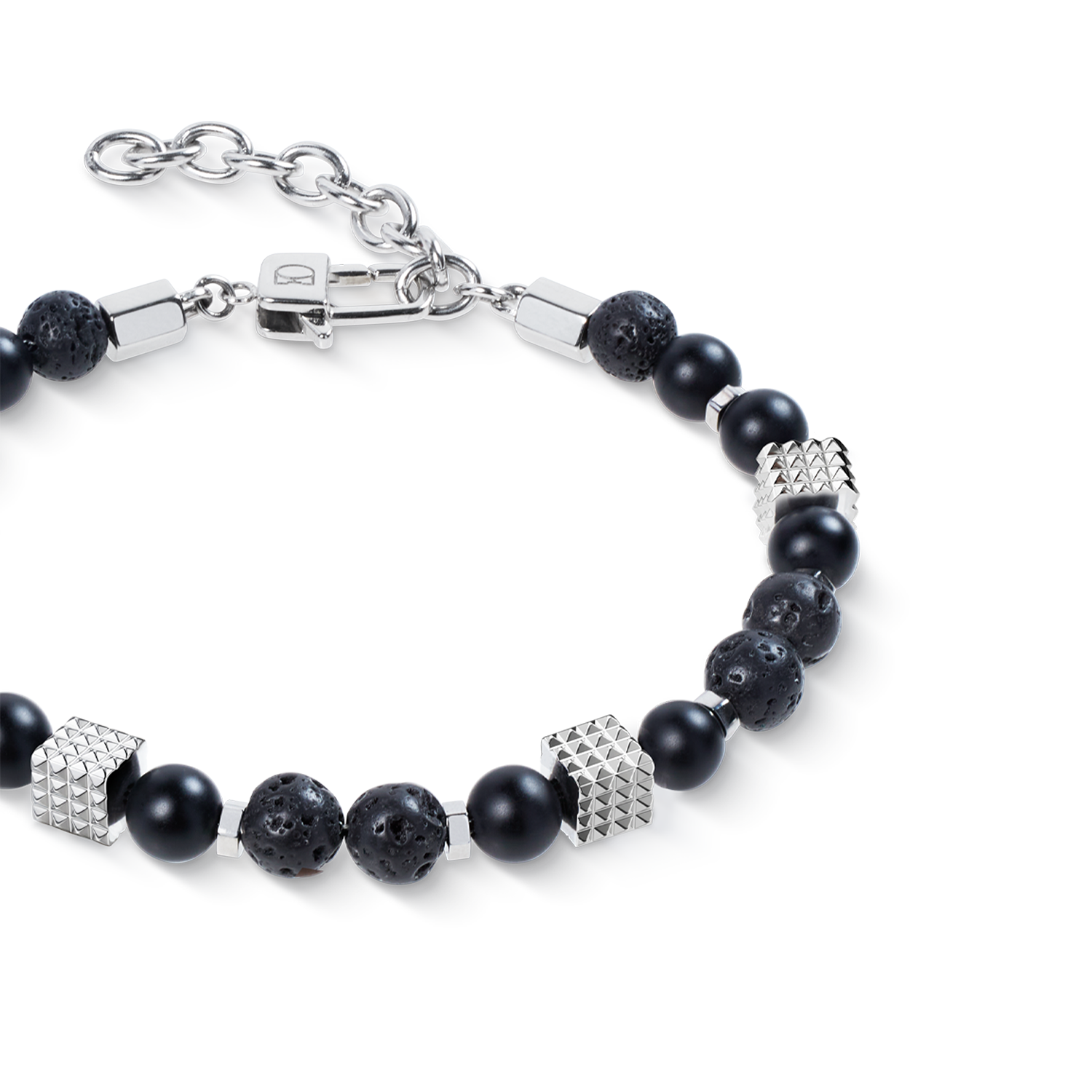Armband Onyx- und Lavakugeln mit Mini Spikes Cubes aus Edelstahl von COEUR DE LION – Detailaufnahme