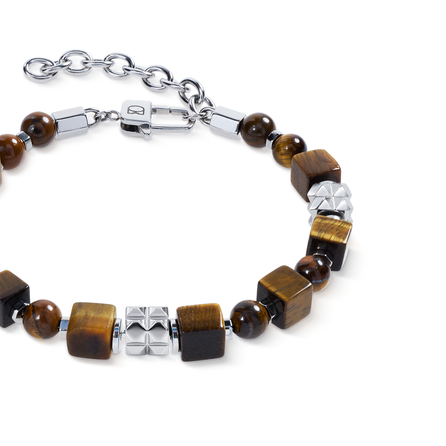 Armband Tigerauge Cubes und Kugeln mit Spikes Cubes aus Edelstahl von COEUR DE LION – Detailaufnahme
