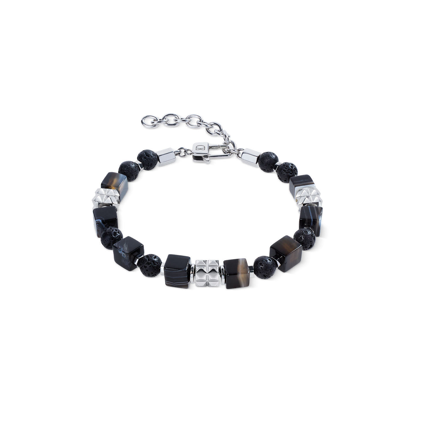 Armband Streifen-Onyx Cubes und Lava-Kugeln mit Spikes Cubes aus Edelstahl von COEUR DE LION