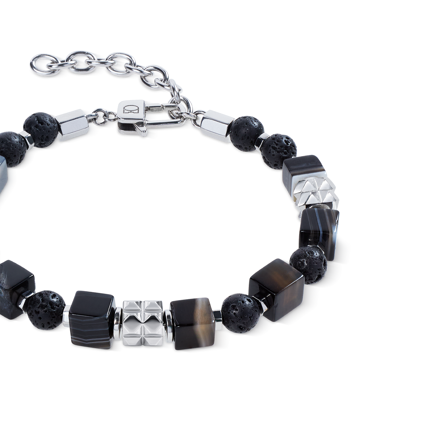 Armband Streifen-Onyx Cubes und Lava-Kugeln mit Spikes Cubes aus Edelstahl von COEUR DE LION – Detailaufnahme