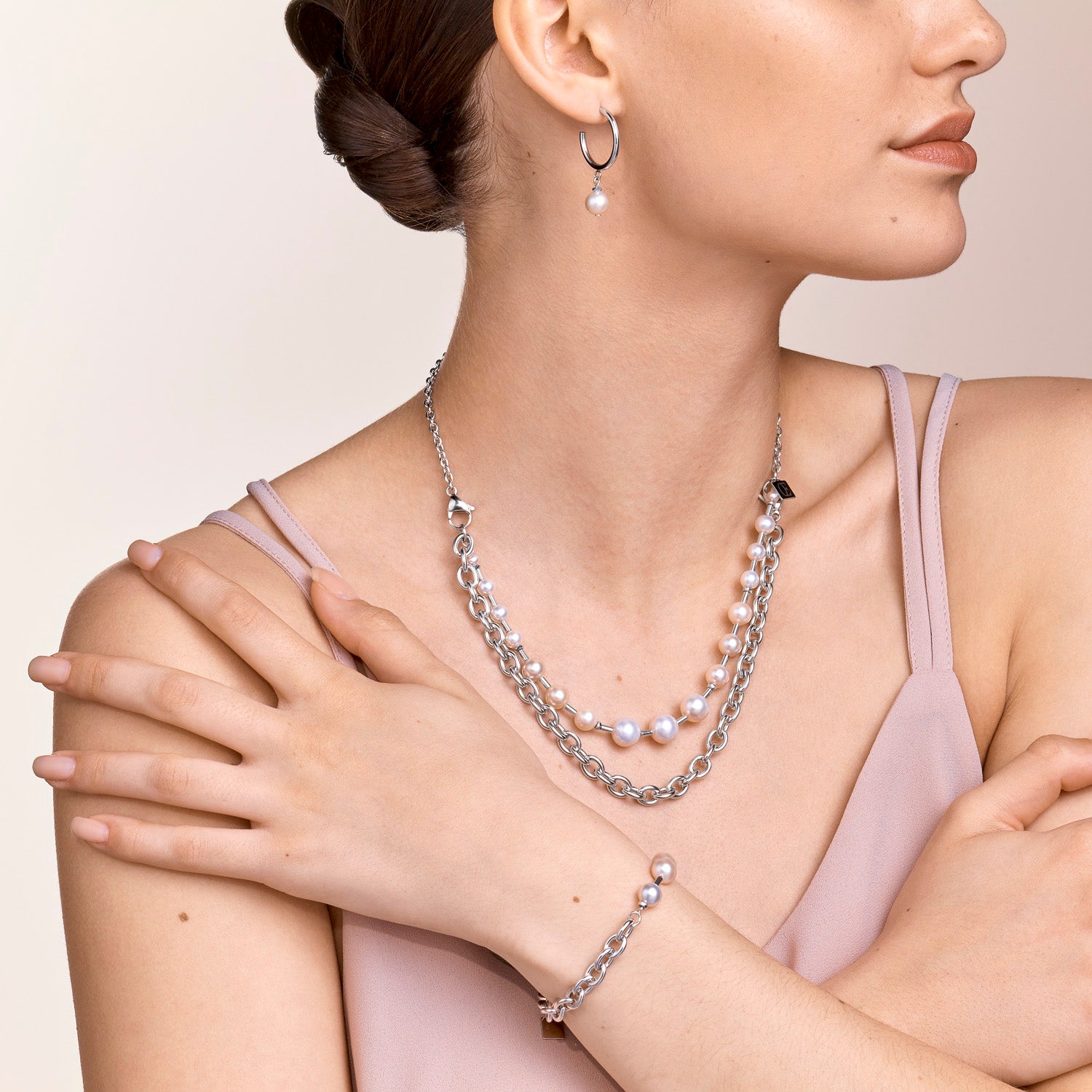 Halskette Süßwasserperlen & chunky chain 4-in-1 weiß-silber