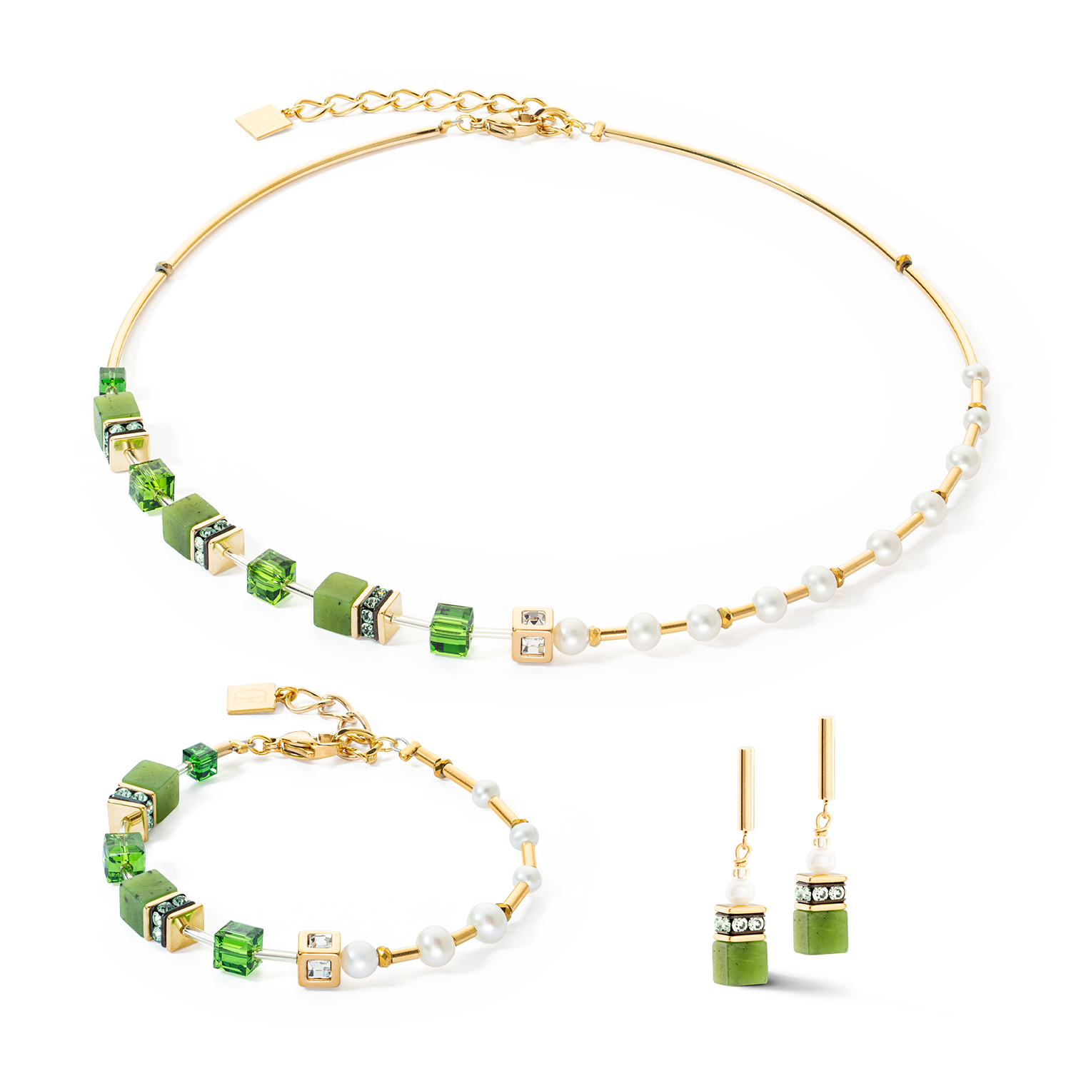Halskette GeoCUBE® Fusion Precious Pearl Mix gold-grün von COEUR DE LION – im Set mit passenden Schmuckstücken
