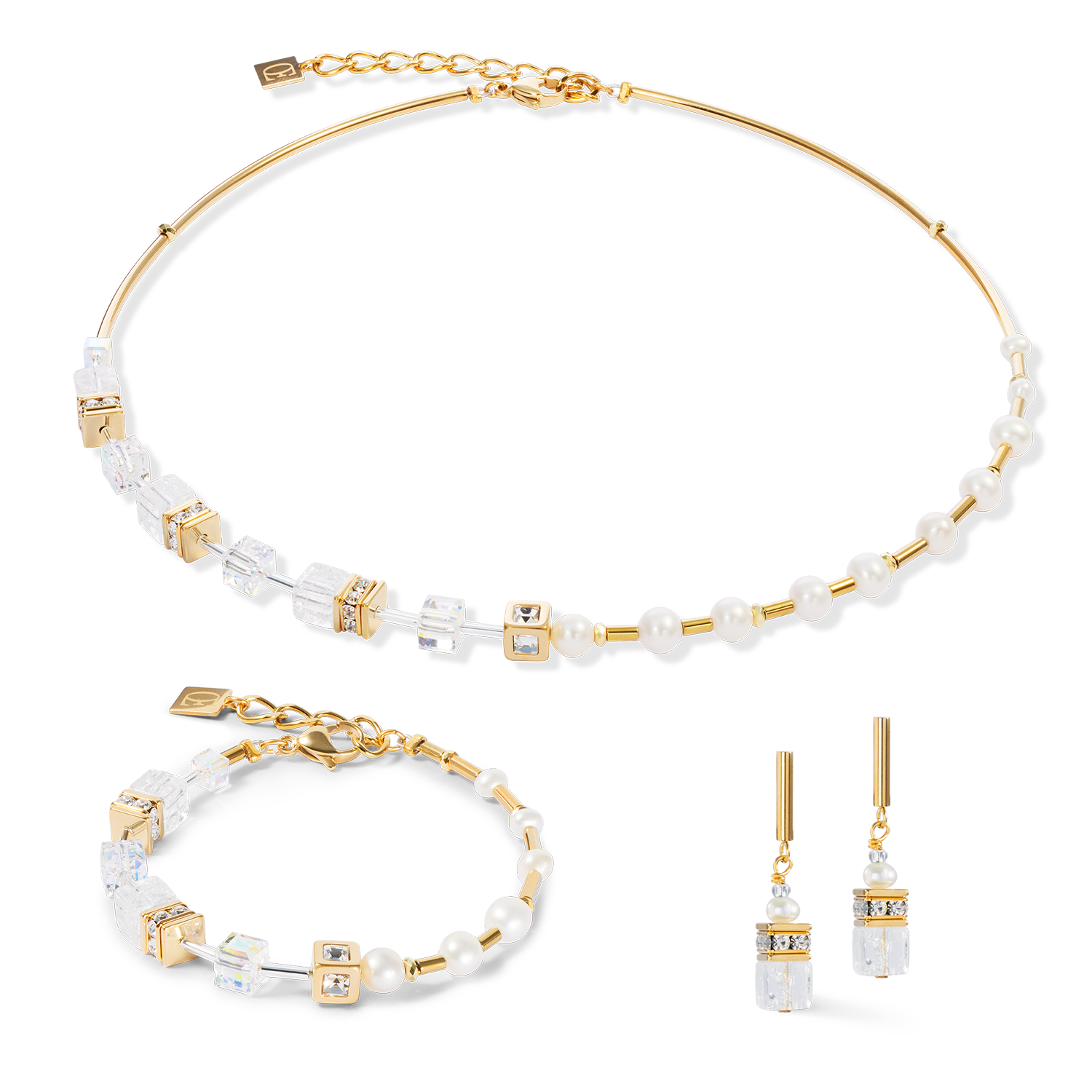Halskette GeoCUBE® Fusion Precious Pearl Mix gold-weiß von COEUR DE LION – im Set mit passenden Schmuckstücken