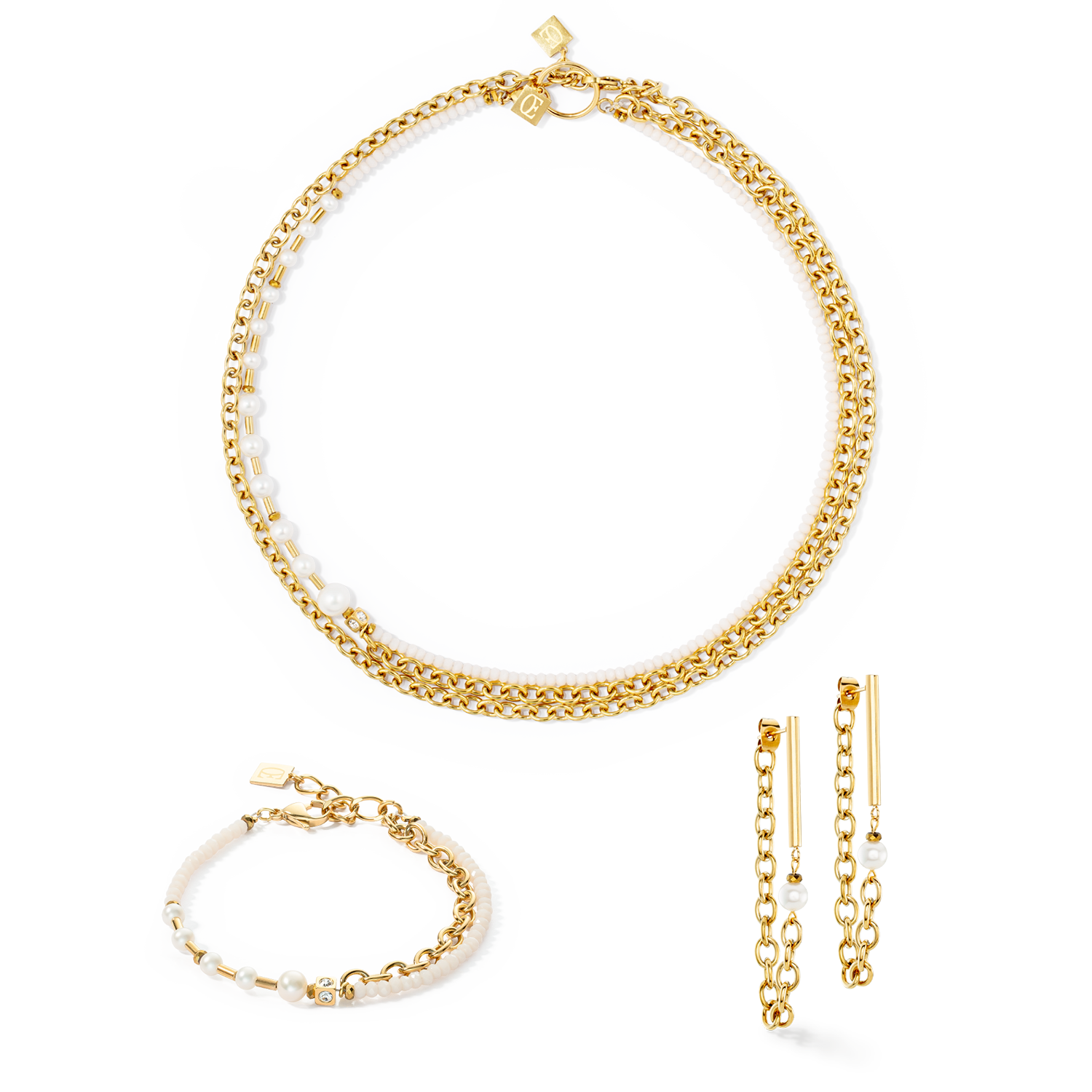 Halskette Chain & Pearl Fever weiß-gold von COEUR DE LION – im Set mit passenden Schmuckstücken