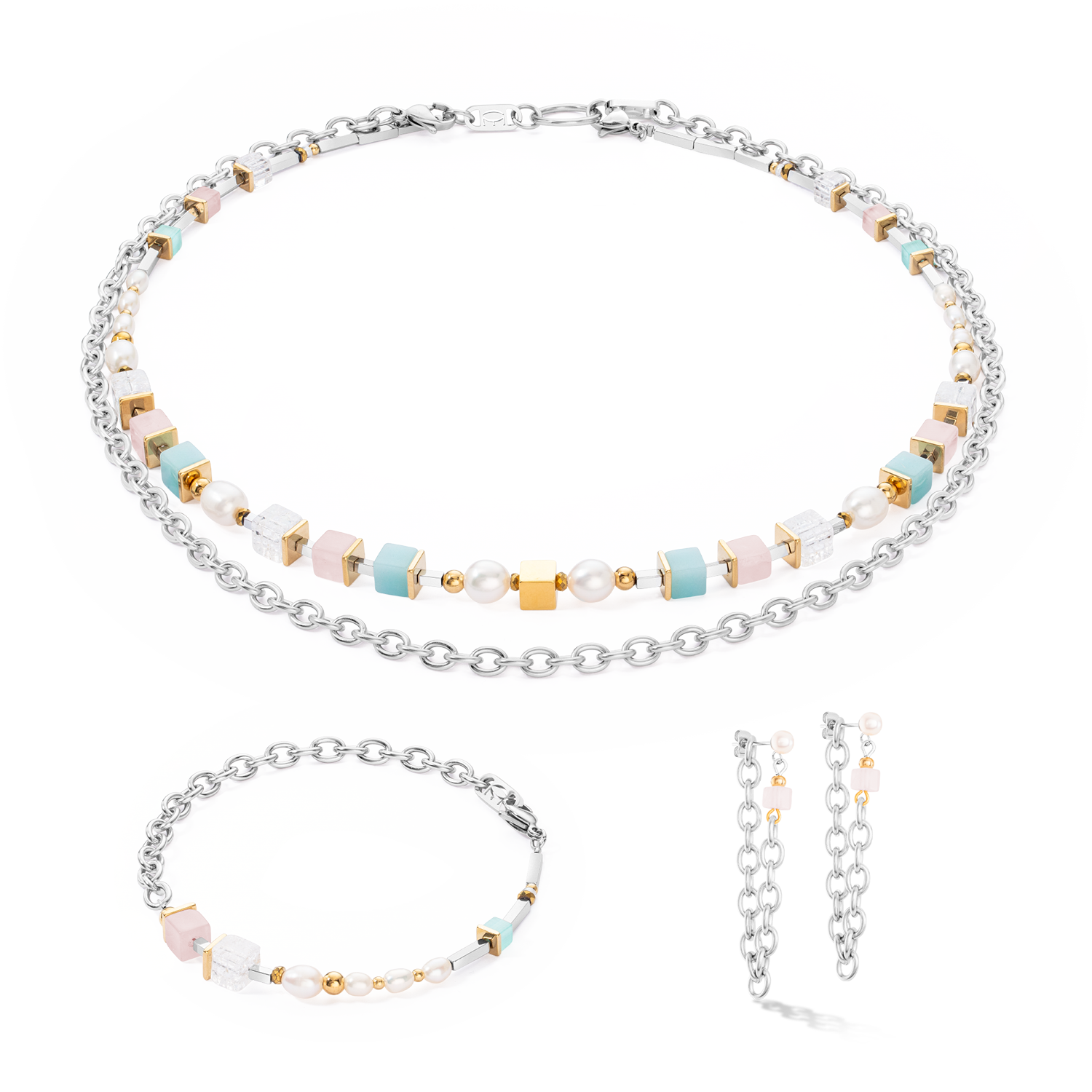 Halskette Cool Romantic Cubes & Pearls Bicolor von COEUR DE LION – im Set mit passenden Schmuckstücken