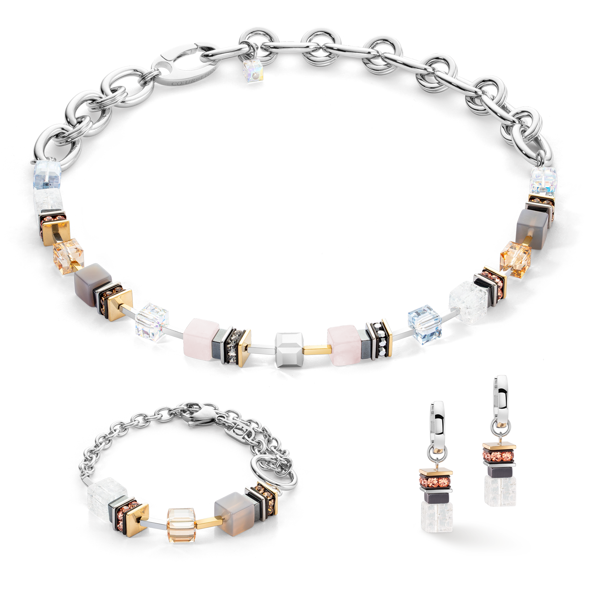 Halskette Chunky Cubes & Chain Runway Exlusive Bicolor von COEUR DE LION – im Set mit passenden Schmuckstücken