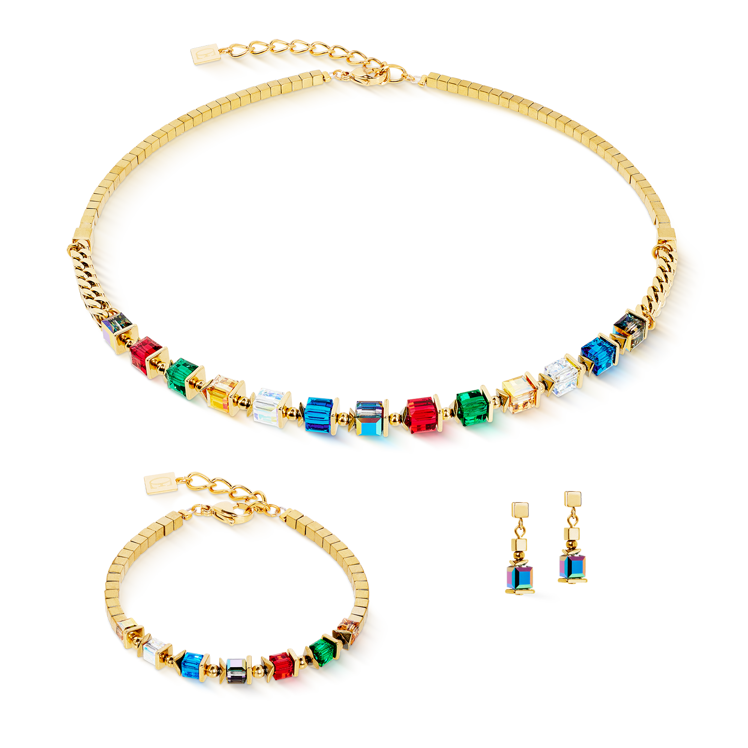 Armband Sparkling Cubes Fusion Chain gold-multicolor von COEUR DE LION – im Set mit passenden Schmuckstücken