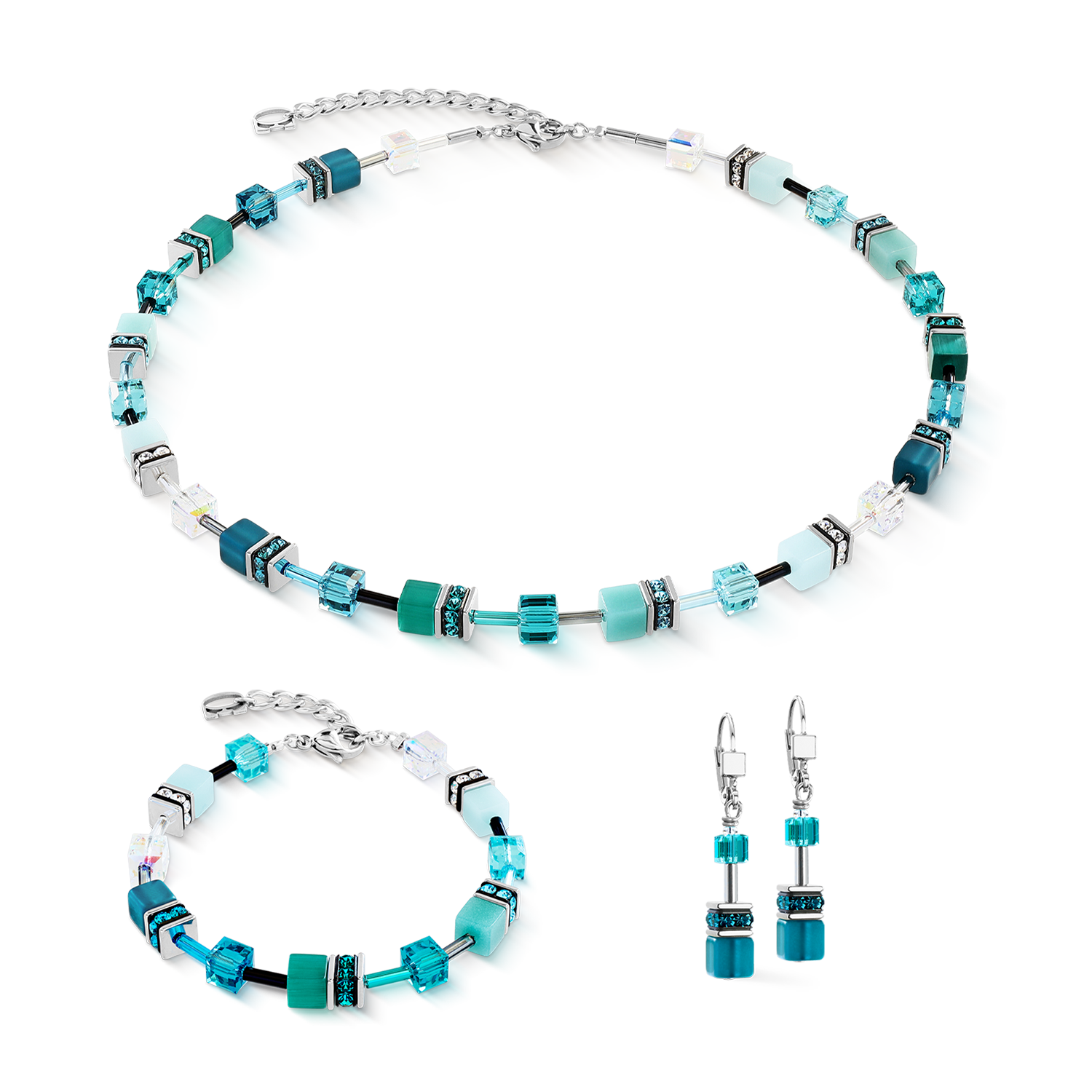 GeoCUBE® Iconic Ohrringe Teal silber von COEUR DE LION – im Set mit passenden Schmuckstücken