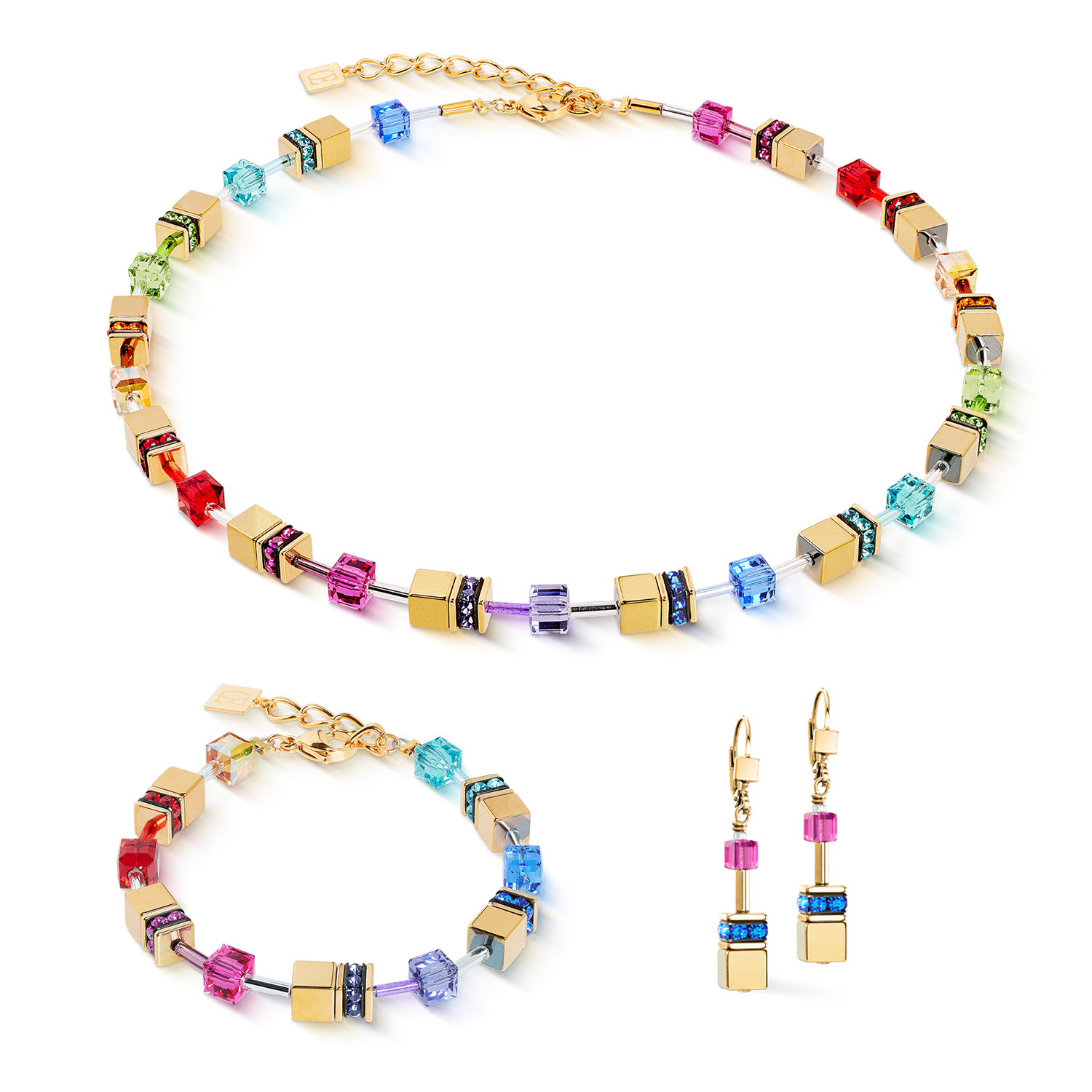 GeoCUBE® Iconic Metallic Halskette Rainbow gold von COEUR DE LION – im Set mit passenden Schmuckstücken
