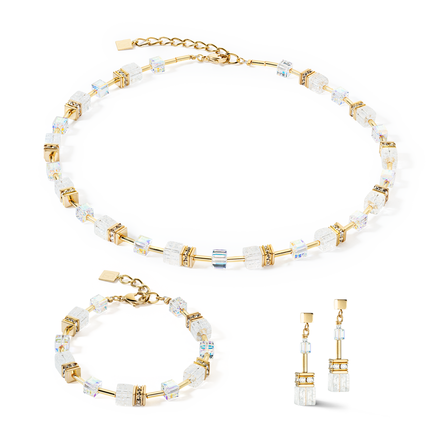 GeoCUBE® Iconic Nature Halskette gold-weiß von COEUR DE LION – im Set mit passenden Schmuckstücken