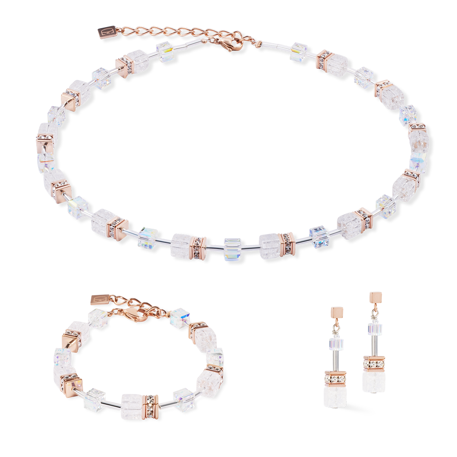 GeoCUBE® Iconic Nature Halskette roségold-weiß von COEUR DE LION – im Set mit passenden Schmuckstücken