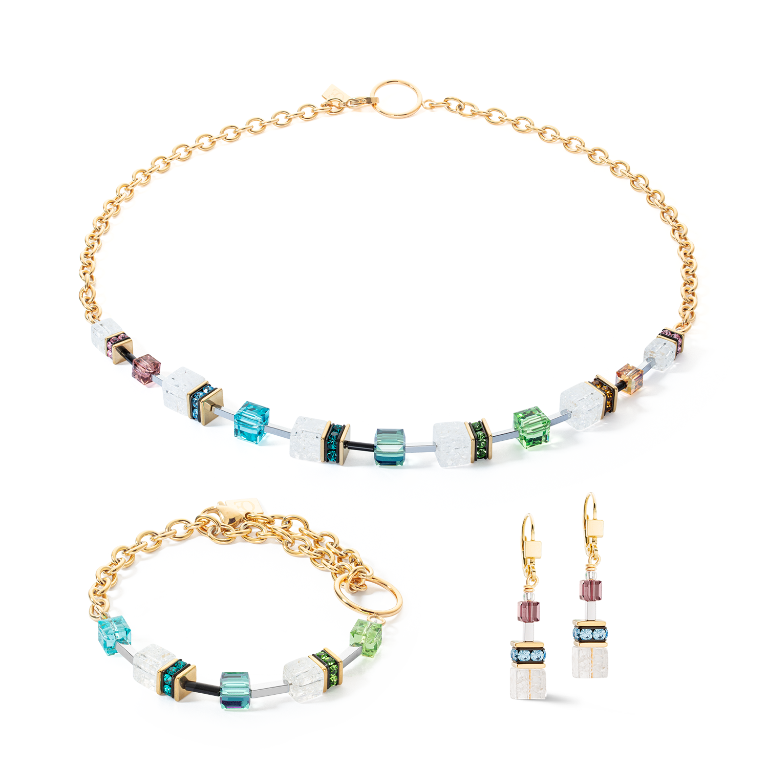 GeoCUBE® Iconic Precious Chain Halskette gold-multicolor von COEUR DE LION – im Set mit passenden Schmuckstücken
