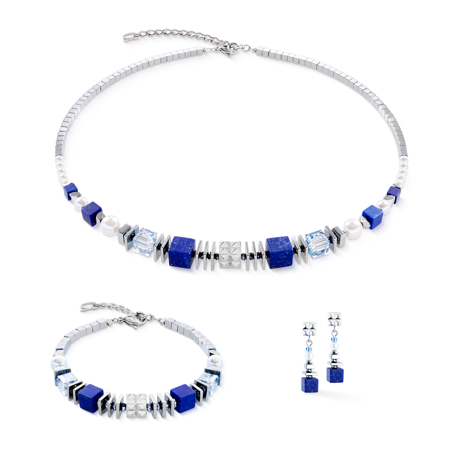Halskette Statement Cube Facets silber-blau von COEUR DE LION – im Set mit passenden Schmuckstücken