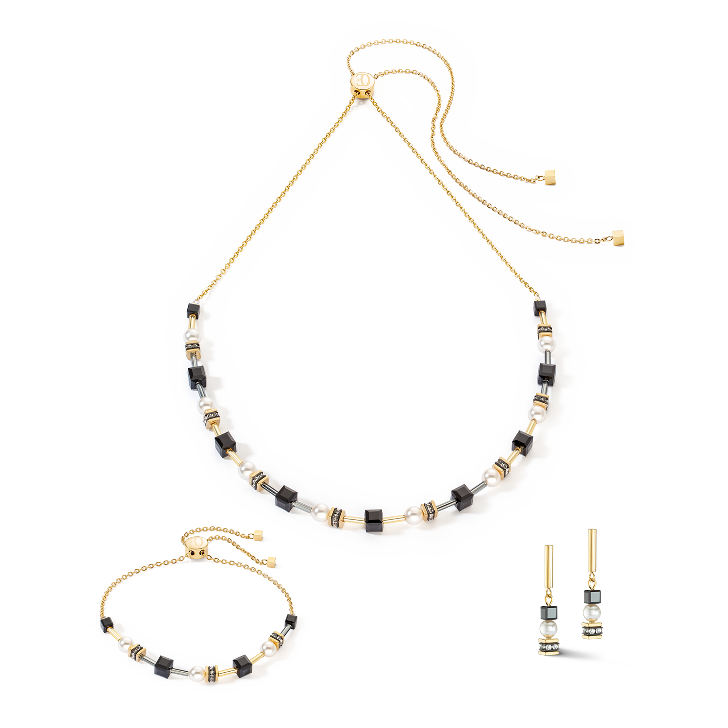 Halskette Mysterious Cubes & Pearls gold-schwarz von COEUR DE LION – im Set mit passenden Schmuckstücken