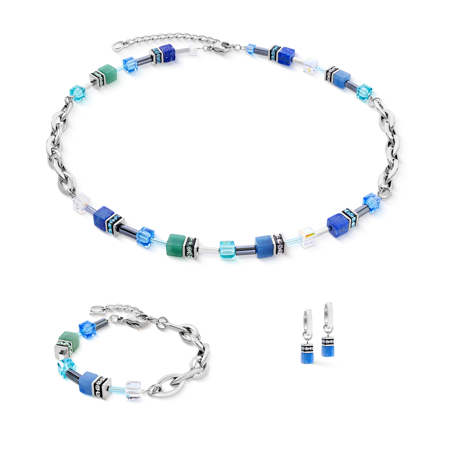 GeoCUBE® Chunky Chain Halskette silber-blau von COEUR DE LION – im Set mit passenden Schmuckstücken