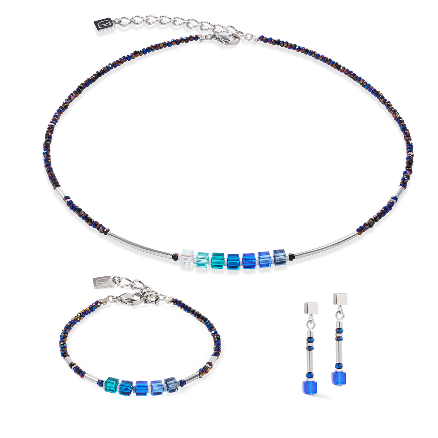 Cube Story Minimalistic Sparkling Halskette blau von COEUR DE LION – im Set mit passenden Schmuckstücken
