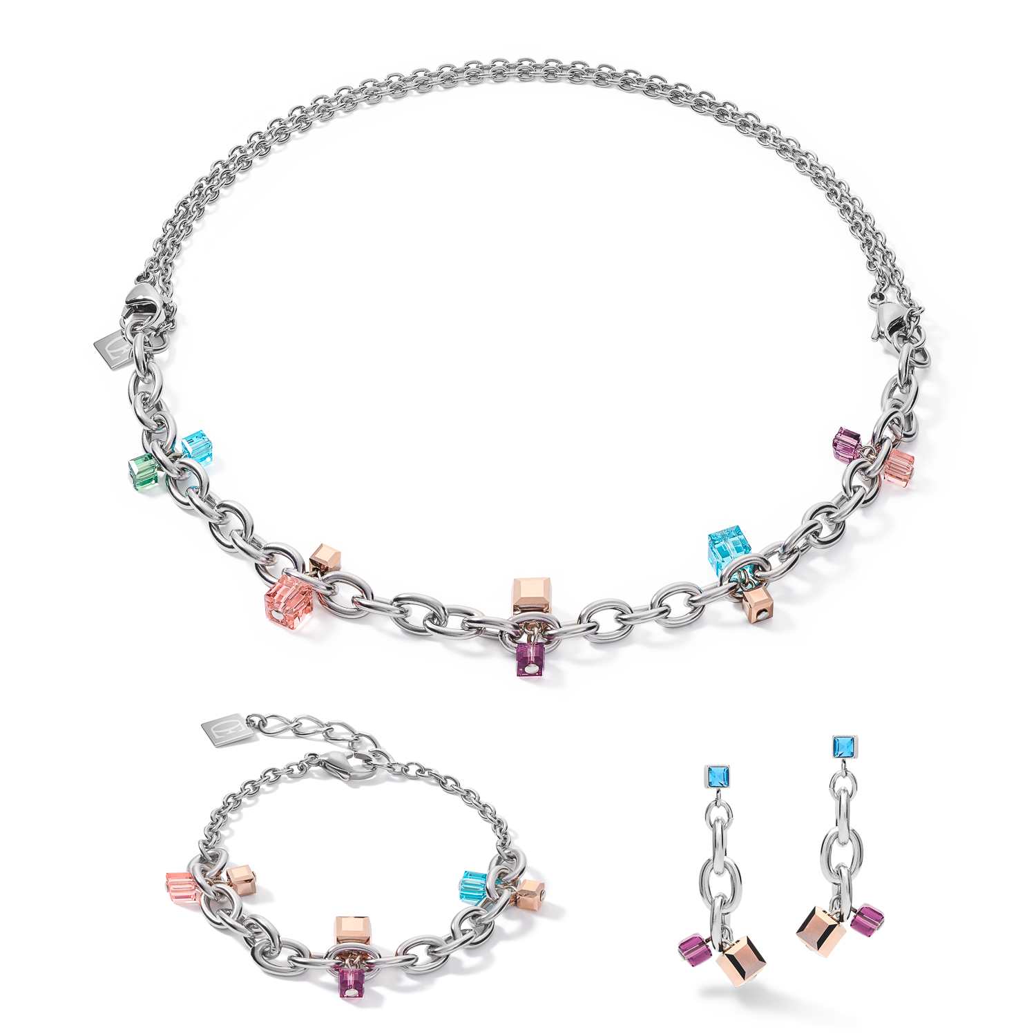 Halskette casual & chunky chain Edelstahl & Kristalle silber-multicolor Art Nouveau