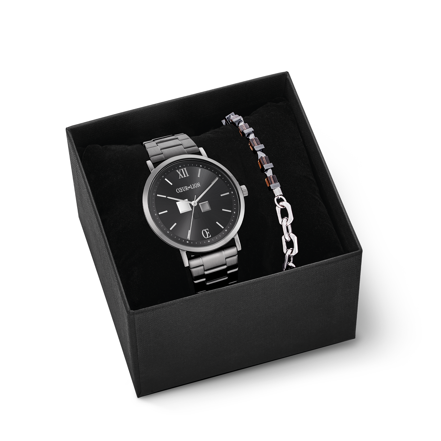 Geschenkset Uhr Rund Statement Anthrazit Sunray & Armband Precious Fusion link chain braun-Silber von COEUR DE LION