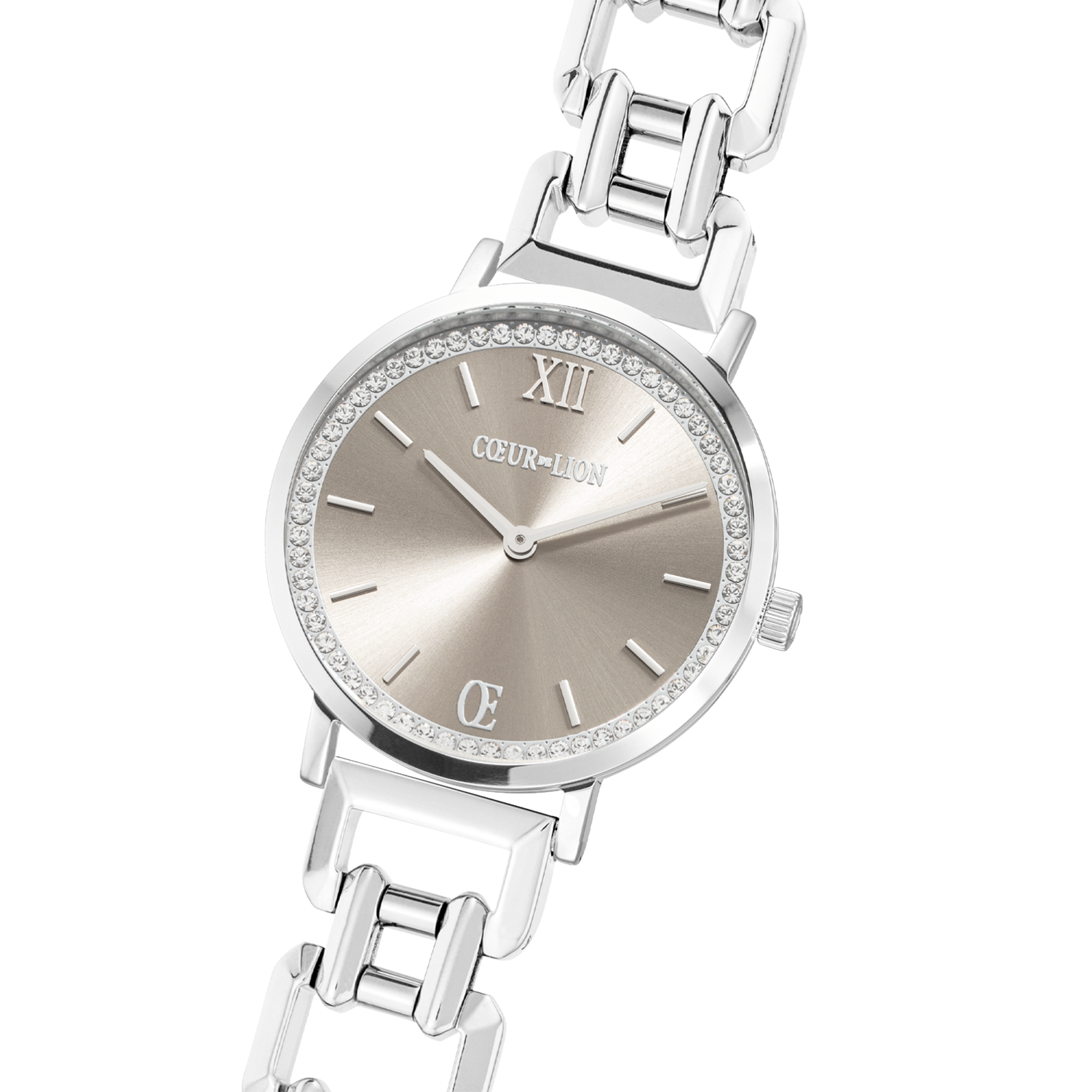 Uhr Rund Sparkling Graceful Greige Statement Silber von COEUR DE LION – im Set mit passenden Schmuckstücken