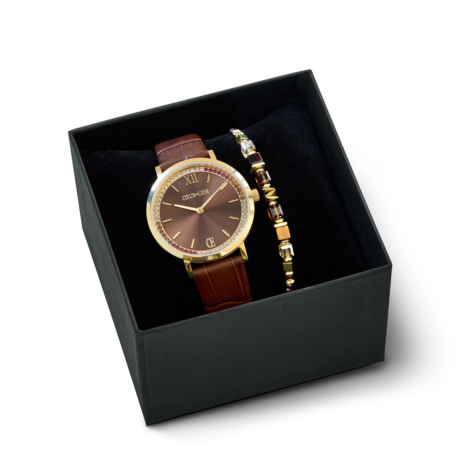 Geschenkset Uhr Rund Sparkling braun & Armband Wave Cube Flow gold-braun von COEUR DE LION